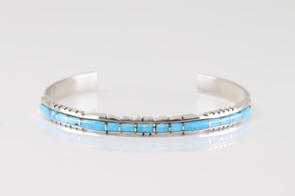 Native America Zuni Sterling Silver Turquoise Inlay Bracelet Cuff By Sheldon Lalio.