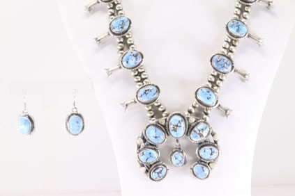 Native America Navajo Sterling Silver Golden Hill Turquoise Squash Blossom Necklace & Earring's Set