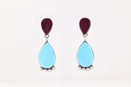 Native America Navajo Sterling Silver Purple Spiny Oyster & Turquoise Post / Dangling Earring's By