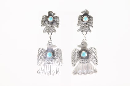 Native America Navajo Sterling Silver Turquoise Thunderbird Post / Dangling Earring's By Gabriela