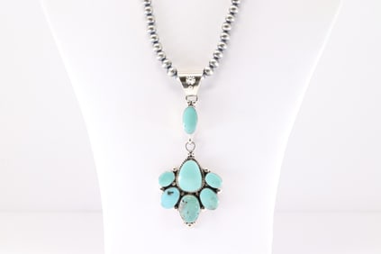 Native America Navajo Sterling Silver Turquoise Necklace By Jennifer Cayaditto.