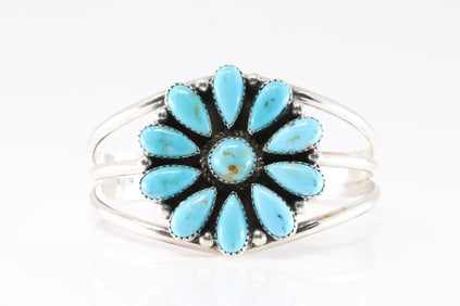 Native America Navajo Sterling Silver Kingman Turquoise Bracelet Cuff By T.Smith.