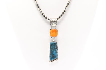 Native America Navajo Sterling Silver Spiny Oyster & Turquoise Necklace By Selina Warner.