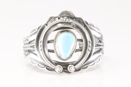Native America Navajo Sterling Silver Golden Hills Turquoise Naja Bracelet Cuff By M.Yazzie.