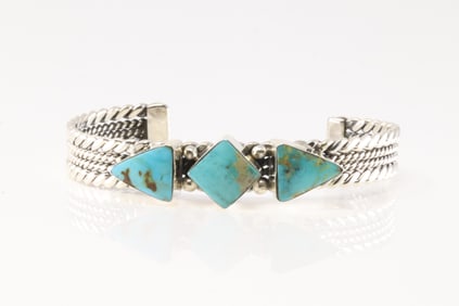 Native America Navajo Sterling Silver Kingman Turquoise Bracelet Cuff By Mike Smith.