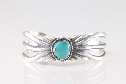 Native America Navajo Sterling Silver TurquoiseBracelet Cuff By Eugene Gruber.