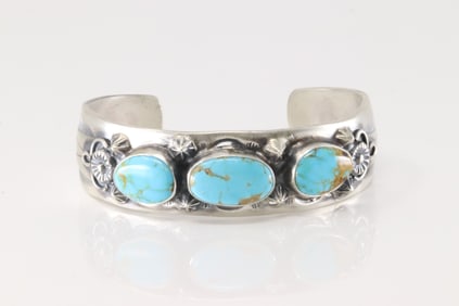 Native America Navajo Sterling Silver Kingman Turquoise Bracelet Cuff By Bob Becenti.