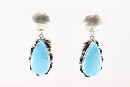 Native America Navajo Sterling Silver Turquoise Post / Dangling Earring's By Freda Martinez.