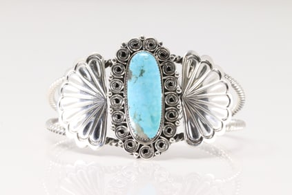 Native America Navajo Sterling Silver Turquoise Bracelet Cuff By Angie Platero.