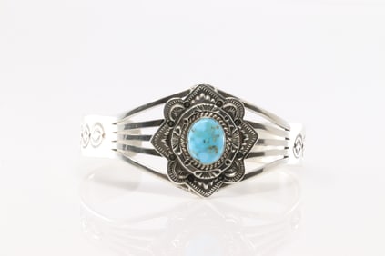 Native America Navajo Sterling Silver Kingman Turquoise Bracelet Cuff By Eula While.