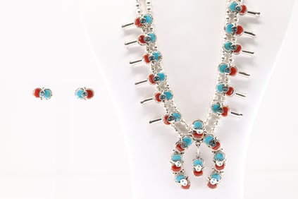 Native America Zuni Sterling Silver Coral & Turquoise Blossom Necklace & Earring's Set By Effie C.
