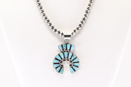 Native America Navajo Sterling Silver Turquoise Necklace By Zeita Begay.