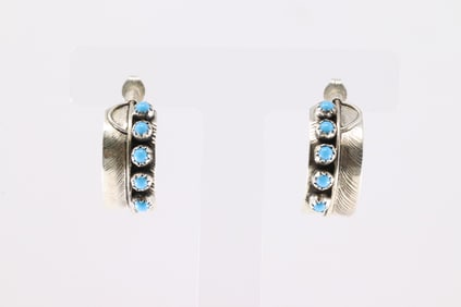 Native America Navajo Sterling Silver Turquoise Feather Hoop Earring's By Chester Chadle.