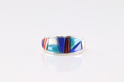 Native America Navajo Sterling Silver Multi-Color Stone Inlay Ring By Yazzie.