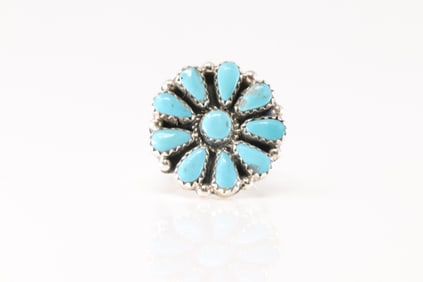 Native America Navajo Sterling Silver Turquoise Flower Ring.