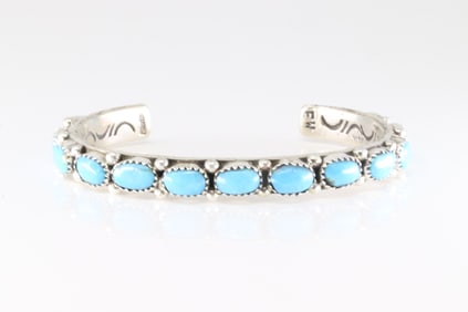 Native America Navajo Sterling Silver Kingman Turquoise Bracelet Cuff By E.W.