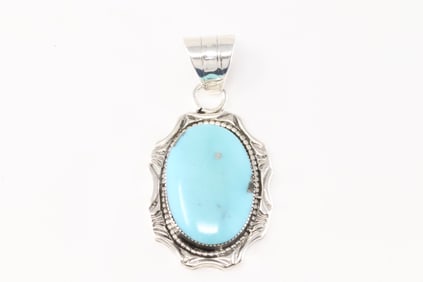 Native America Navajo Sterling Silver Turquoise Pendant By Leroy Silversmith.
