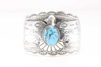 Native America Navajo Sterling Silver Turquoise Bracelet Cuff By Evelyn Bahe.