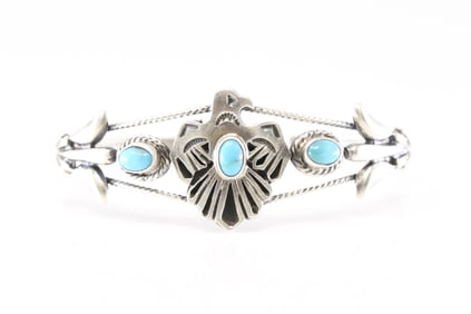 Native America Navajo Sterling Silver Turquoise Thunderbird Bracelet Cuff By Bobby Platero.