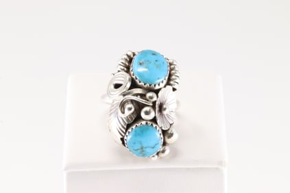 Native America Navajo Sterling Silver Turquoise Ring Floral By Max Calladitto.