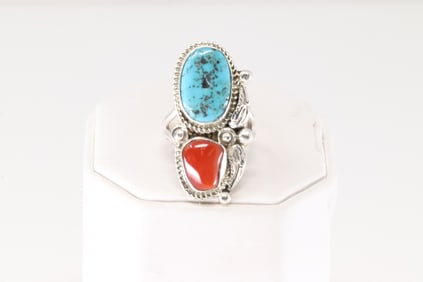 Native America Navajo Sterling Silver Coral & Turquoise Ring.