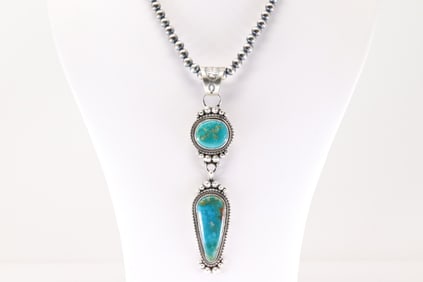 Native America Navajo Sterling Silver Kingman Turquoise Necklace By Tom Lewis.