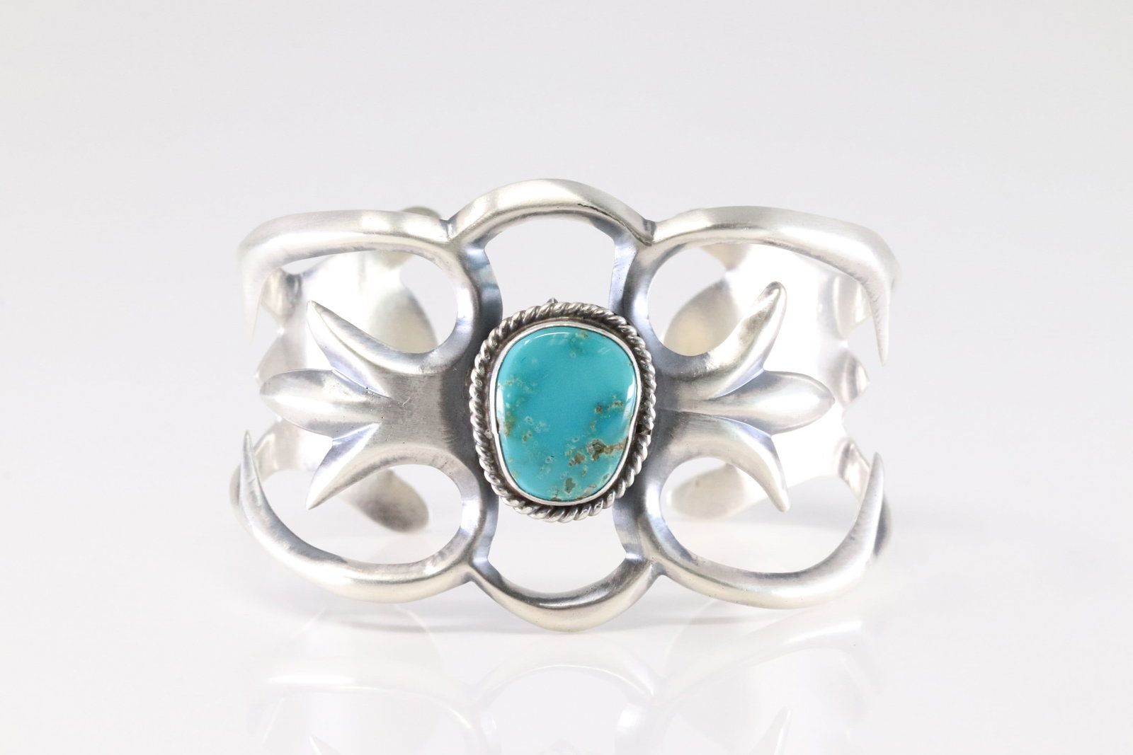 Native America Navajo Sterling Silver Turquoise Bracelet Cuff By Rena Begay.: This is a Native America Navajo Sterling Silver Turquoise Bracelet Cuff By Rena Begay.