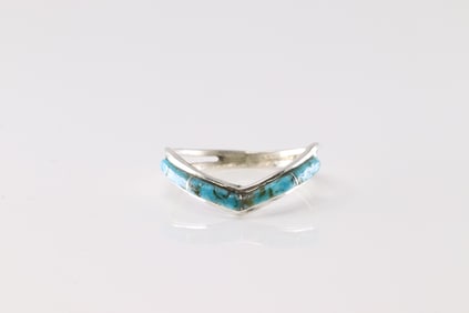 Native America Navajo Sterling Silver Turquoise Inlay Ring By Janie Johnson.
