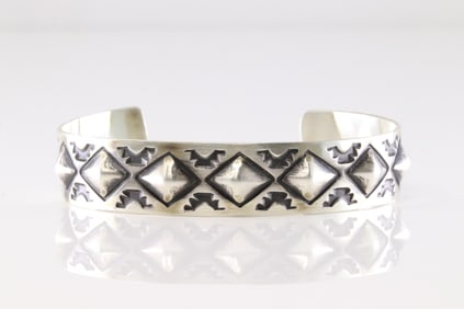 Native America Navajo Sterling Silver Solid Stamped Bracelet Cuff By Jerrold Tahe.