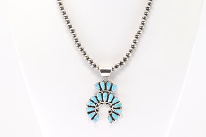 Native America Navajo Sterling Silver Pearl Beaded Turquoise Necklace By Zeila Begay.