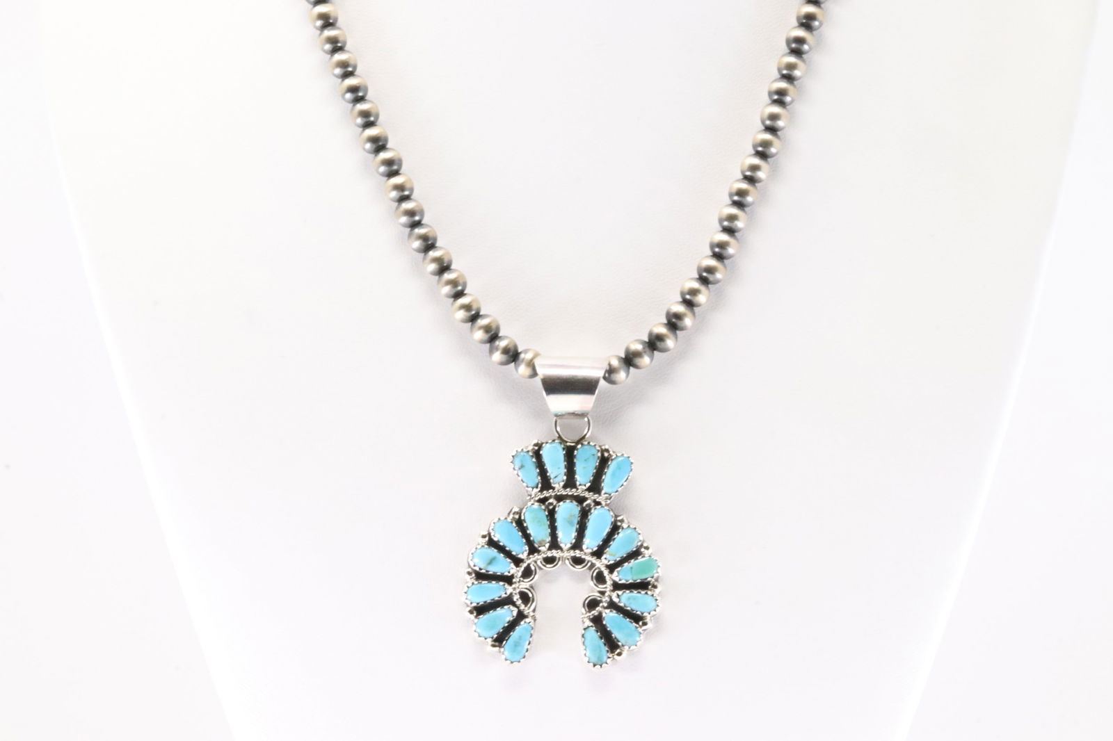 Native America Navajo Sterling Silver Pearl Beaded Turquoise Necklace By Zeila Begay. (1 of 3)
