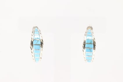 Native America Zuni Sterling Silver Kingman Turquoise Inlay Hoop Earring's By Malcolm Chavez.