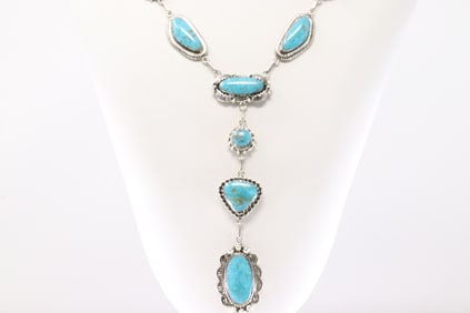 Native America Navajo Sterling Silver Turquoise Necklace By Leroy Silversmith.