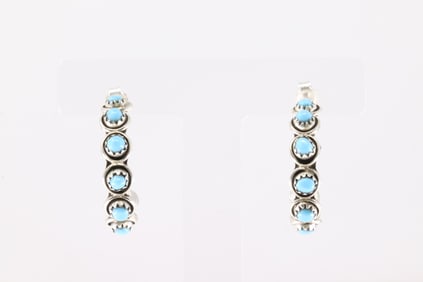 Native America Zuni Sterling Silver Turquoise Hoop Earring's By Florenda Lonase.