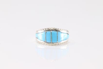 Native America Navajo Sterling Silver Turquoise Inlay Ring By M.P.