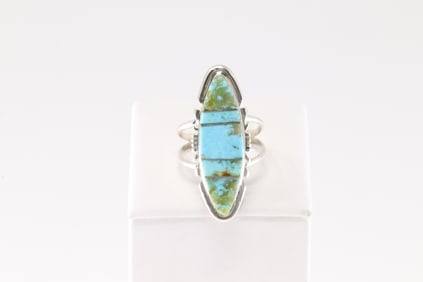 Native America Navajo Sterling Silver Turquoise Inlay Ring By B.E.