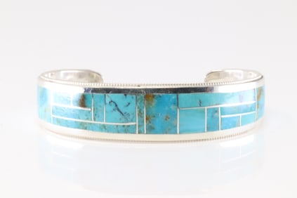 Native America Zuni Sterling Silver Turquoise Inlay Bracelet Cuff By Glendora Booqua.