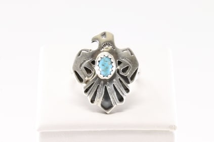 Native America Navajo Sterling Silver Turquoise Thunderbird Ring By Genevieve Francisco.