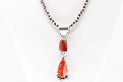 Native America Navajo Sterling Silver Pearl Beaded Spiny Oyster Necklace By Selina Warner.