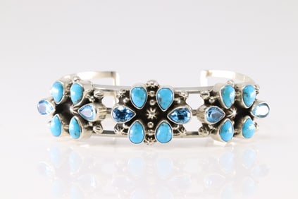 Native America Navajo Sterling Silver Blue Topaz & Turquoise Bracelet Cuff By Miike Smith.