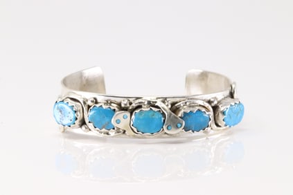 Native America Zuni Sterling Silver Kingman Turquoise Bracelet Cuff By Effie C.