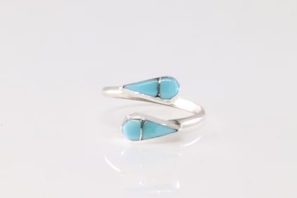 Native America Zuni Sterling Silver Turquoise Inlay Ring By Verlda Nastacio.