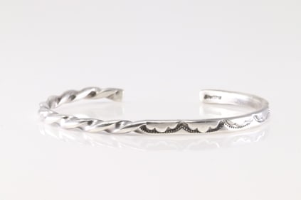 Native America Navajo Sterling Silver Solid Stamped Bracelet Cuff By Elaine Tahe.