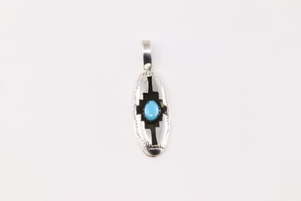 Native America Navajo Sterling Silver Turquoise Pendant By Felix Perry.