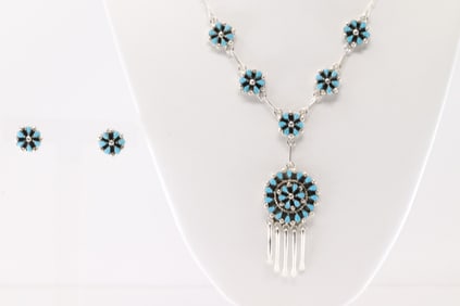 Native America Zuni Sterling Silver Turquoise Necklace/ Post Earring's Set By Tricia Leekity.