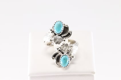 Native America Navajo Sterling Silver Turquoise Ring Floral By Etta Belin.