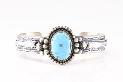 Native America Navajo Sterling Silver Kingman Turquoise Bracelet Cuff By M.C.