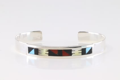 Native America Zuni Sterling Silver Multi-Color Stone Inlay Bracelet Cuff By Leander Othole.