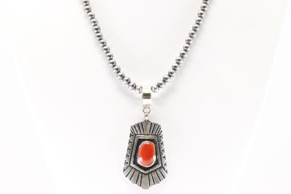 Native America Navajo Sterling Silver Coral Pendant By T&R Singer. With Pearl Beaded Sterling Silver