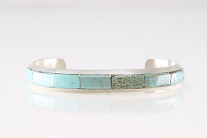 Native America Navajo Sterling Silver Number 8 Turquoise Inlay Bracelet Cuff By Brandon Etcitty.